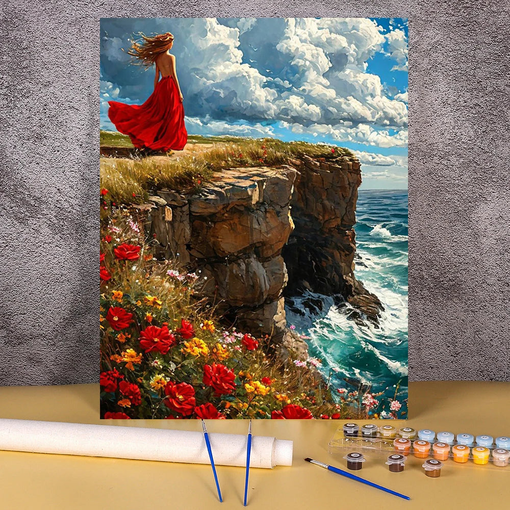 A painting of a dramatic cliffside landscape with red dress, flowers, and blue ocean waves.