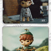 A small figure of a character with brown hair and green clothing stands on a wooden platform in a natural outdoor setting.