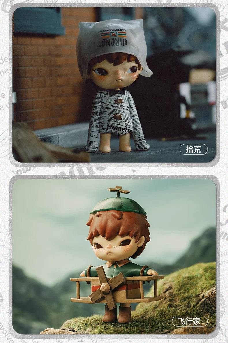 A small figure of a character with brown hair and green clothing stands on a wooden platform in a natural outdoor setting.
