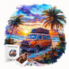 An artistic wooden jigsaw puzzle depicting a sunset scene with palm trees and a vintage orange SUV.