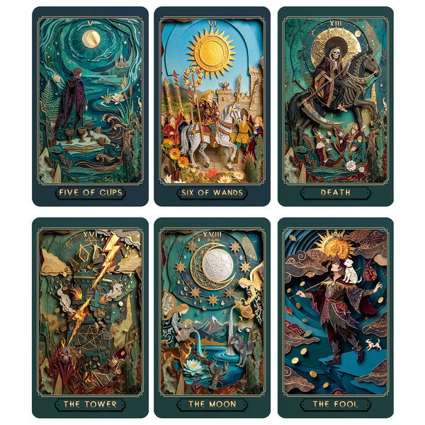 A collection of twelve tarot cards featuring paper cut art illustrations like Five of Cups, Six of Wands, Death, The Tower, T
