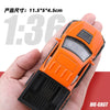 Orange 1:36 scale die-cast model of an off-road pickup truck being held in a hand.