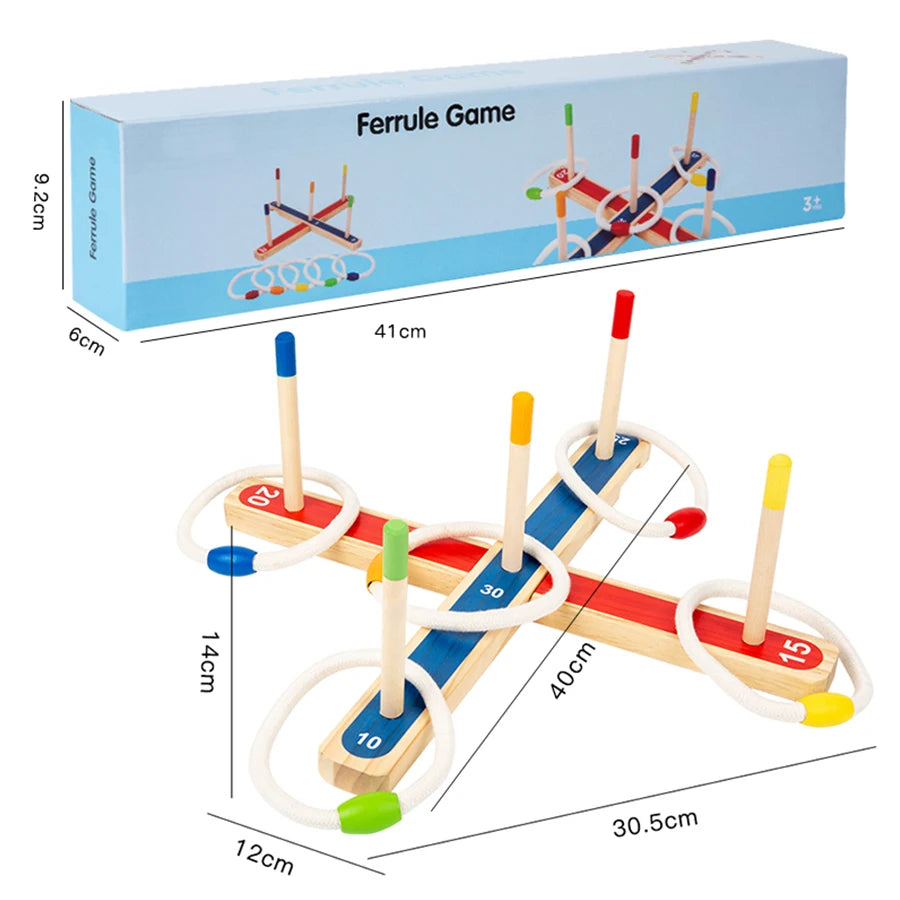 A wooden ferrule game set showing various colored wooden rings and wooden sticks arranged in a cross pattern.