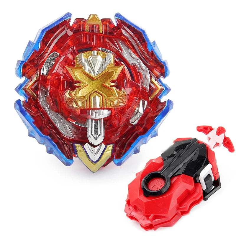 A red and blue metal spinning top battle set with a string launcher.