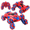 A red and blue remote control stunt car with lights and spray effect, shown in various angles.