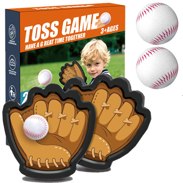 A box of Toss Game with a child holding a baseball and a pair of foam hands shaped like a baseball glove.