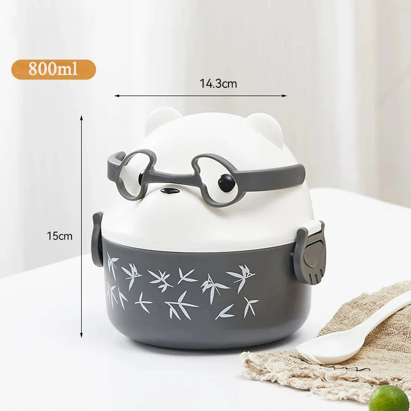 A white bear-shaped stackable bento lunch box with glasses, measuring 800ml and 14.3cm long.