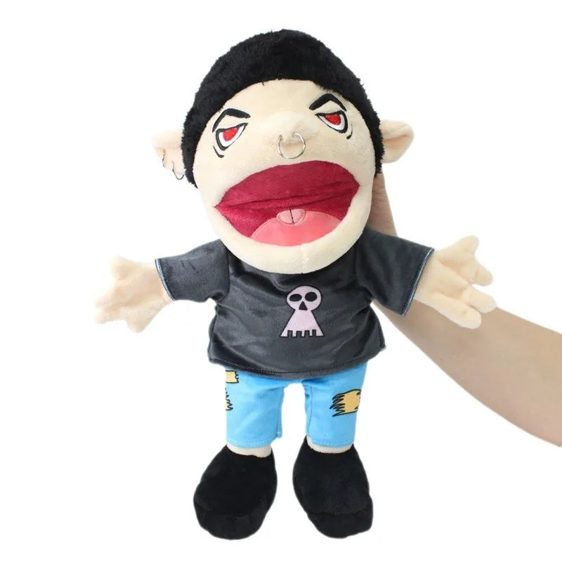 A plush toy puppet resembling Jeffy featuring black hair, red eyes, and a pink mouth.