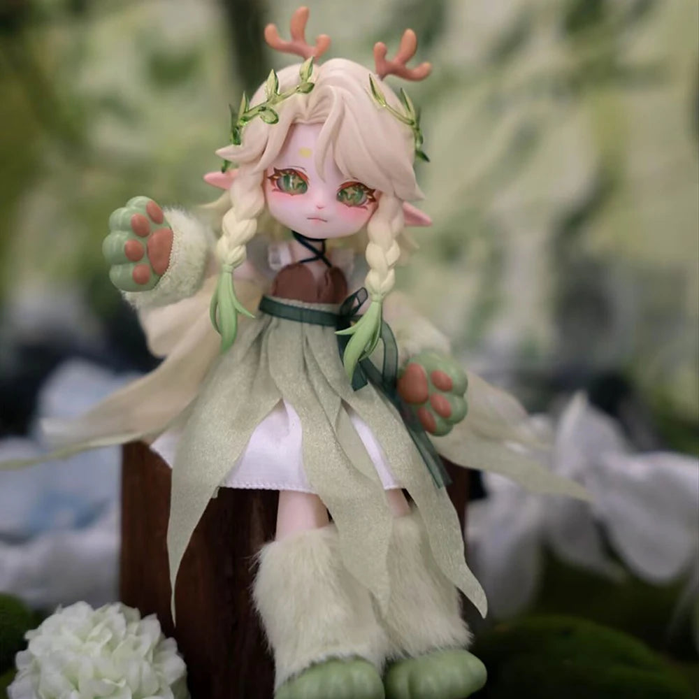 A 1/12 scale Lunar-themed posable doll blind box with light pink hair, antlers, and green foliage accents.