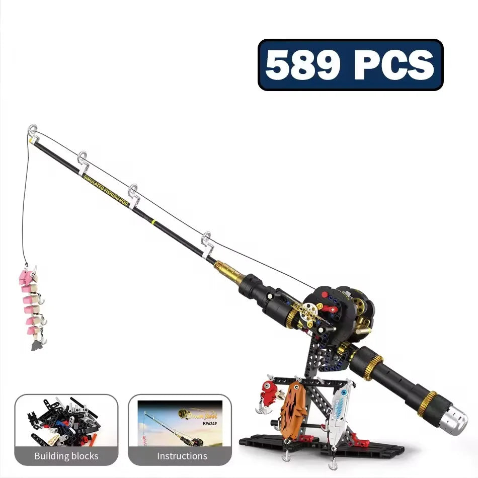 A fishing rod building block set with display stand and instructions shown next to 589 pieces.