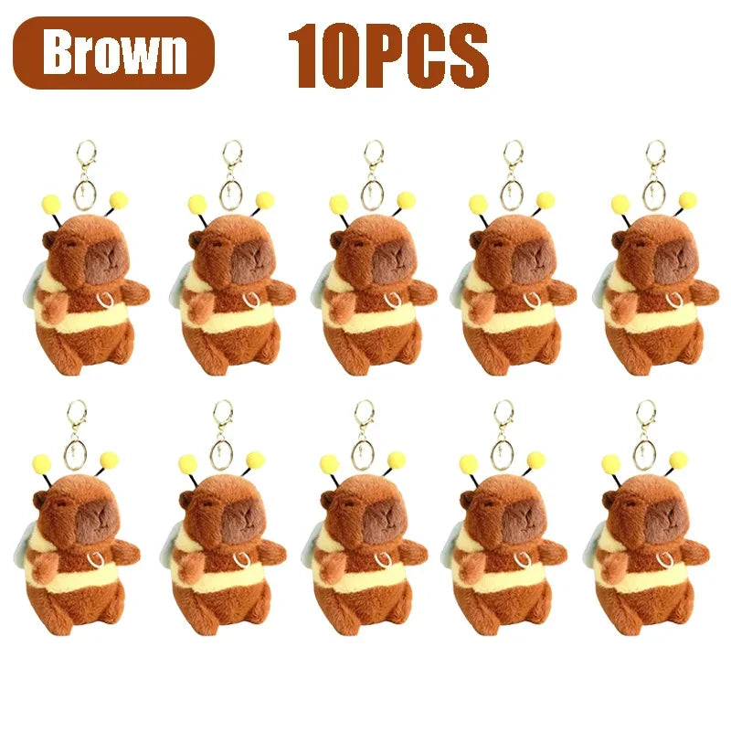 Brown capybara plush toys in 10 pieces with yellow accents and keychain loops