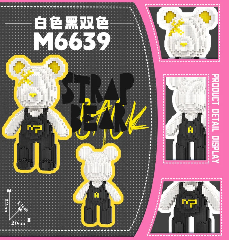 A detailed view of a black and white striped bear figure made from micro building blocks, displayed against a pink background