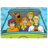 A jigsaw puzzle featuring characters from Scooby-Doo in a vintage car setting.