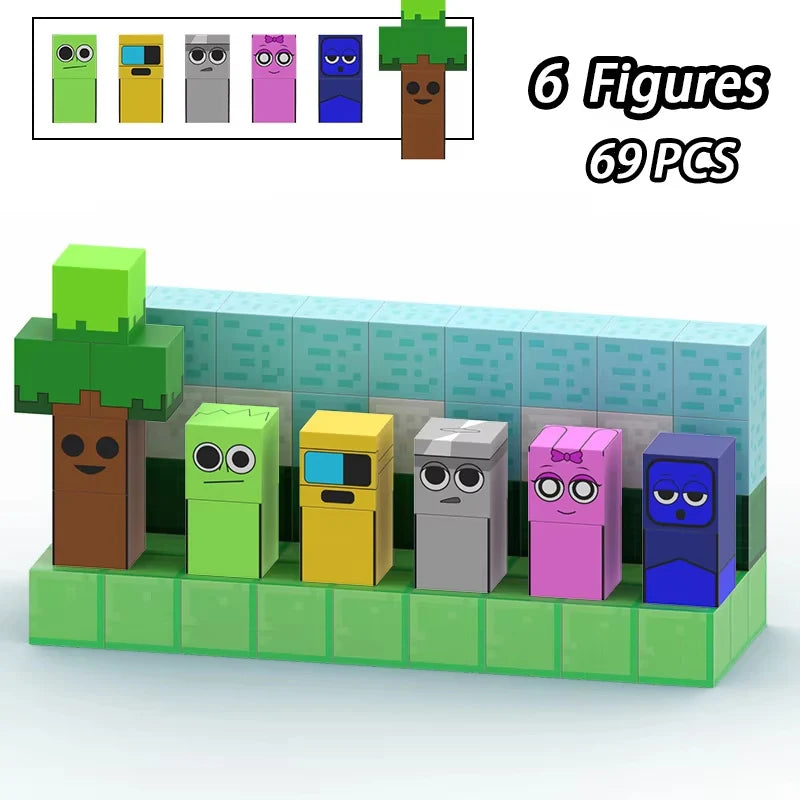A set of 6 colorful magnetic building blocks featuring various facial expressions and a tree structure.