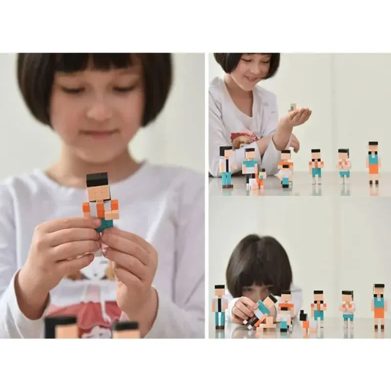 A child is building a structure with colorful wooden blocks on a table.