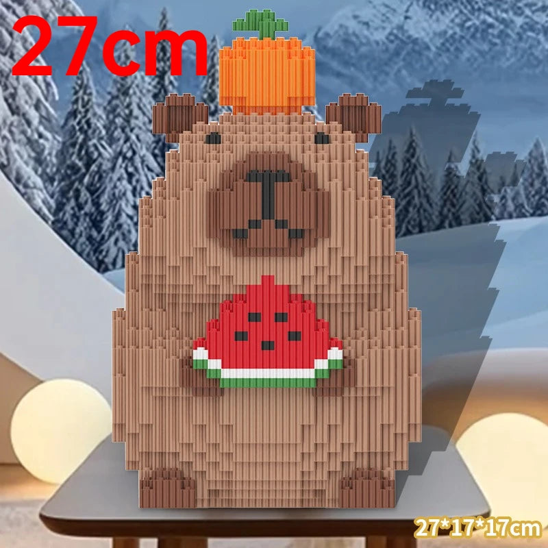 A wooden building block shaped like a bear holding a watermelon, used as a pen holder or desk organizer.