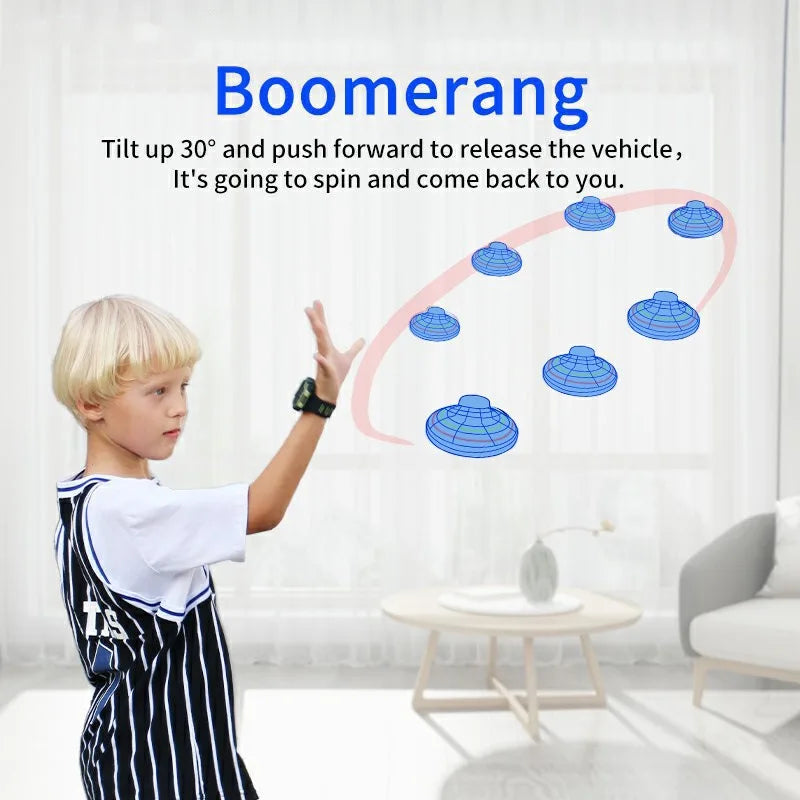 A boy demonstrates a boomerang toy, showing how to tilt and push the device to make it spin and return.