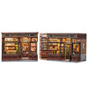 A detailed 3D wooden book nook kit featuring a corner coffee shop facade with glass display cases and interior lighting.