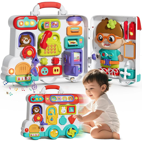 A toddler is interacting with a colorful all-in-one educational busy board featuring various interactive components and puzzl