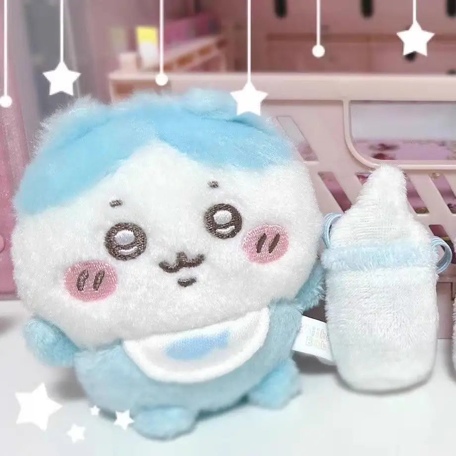 A cute plush keychain set featuring three characters: Usagi, Hachiware, and JiYi, with soft blue and white fur.