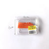 A clear plastic package containing realistic salmon steak and bacon rolls, with measurements marked.