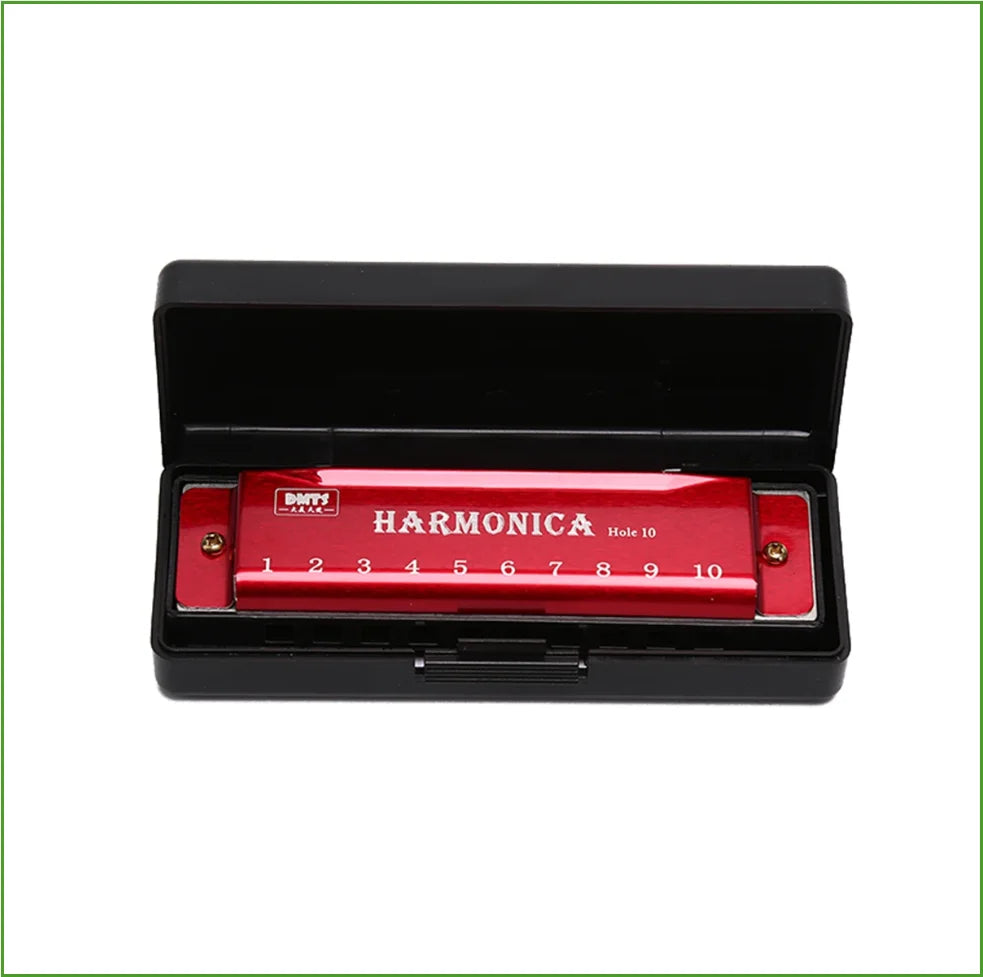 A red harmonica with ten holes is displayed inside its black protective case.