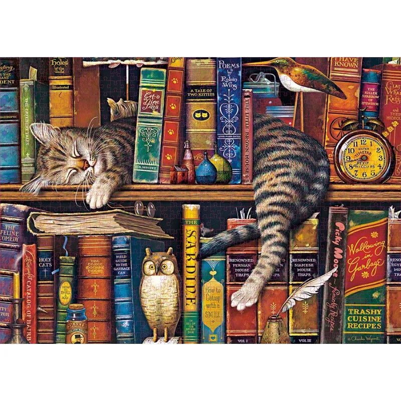 A jigsaw puzzle featuring a cat in various poses and scenes, set against a backdrop of old books and natural elements.