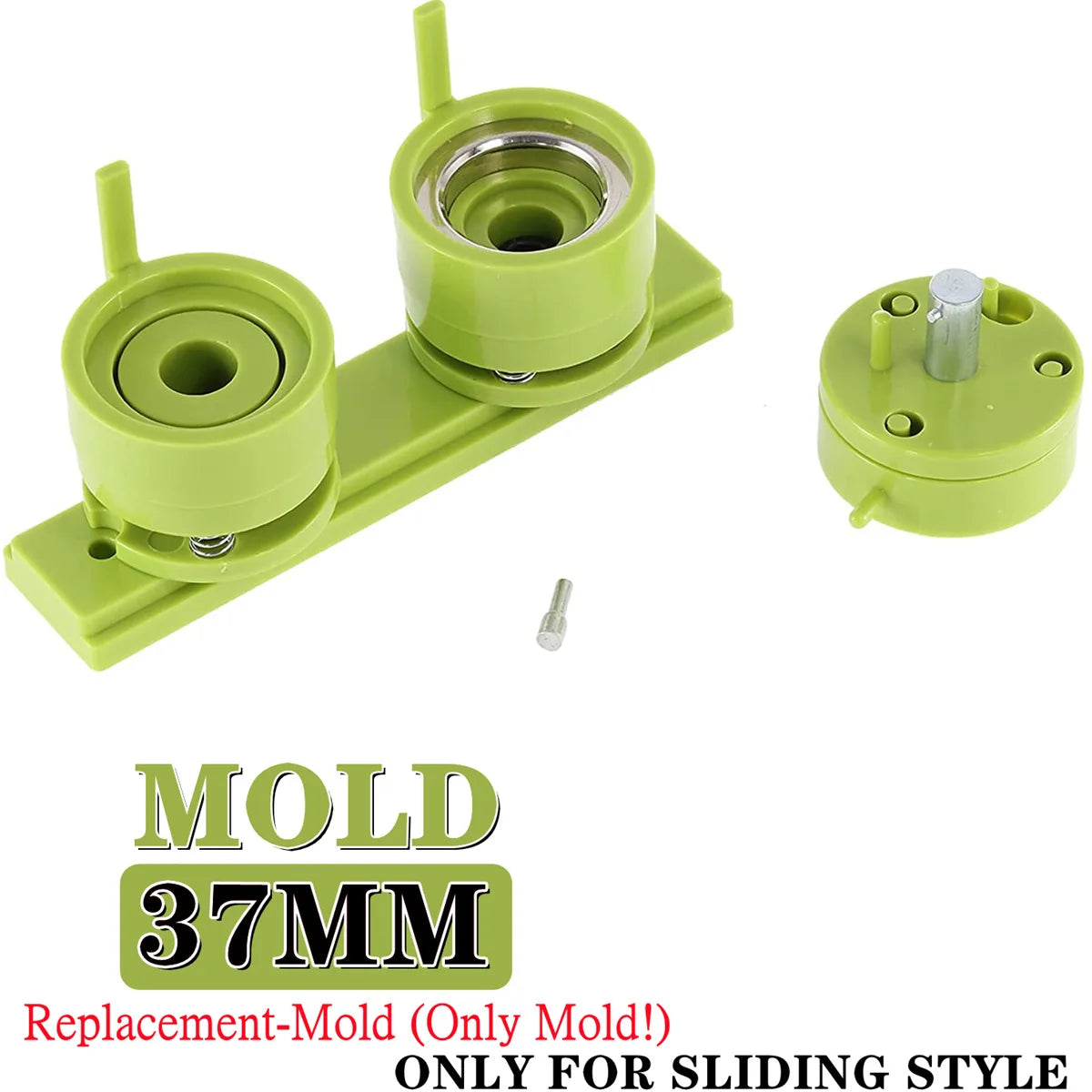 A green replacement mold for a sliding style badge maker, labeled 37MM.