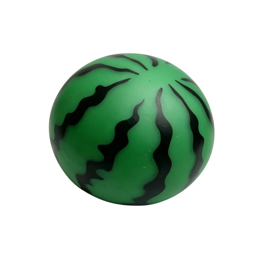 A green squishy stress ball with a black striped pattern and a bead core.