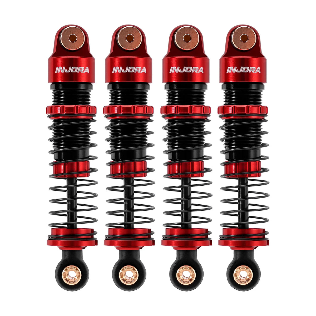 Four red and black INJORA heavy-duty big bore oil shocks for RC crawlers