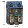 A miniature wooden dollhouse kit of a pink princess villa with LED lights featuring a blue tiled roof and detailed facade.