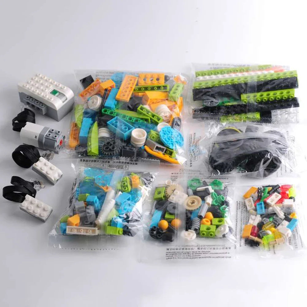 A collection of colorful STEM programming building blocks and components for kids.