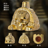 Gold handcrafted Aztec death whistle shown from the front, back, and side views.