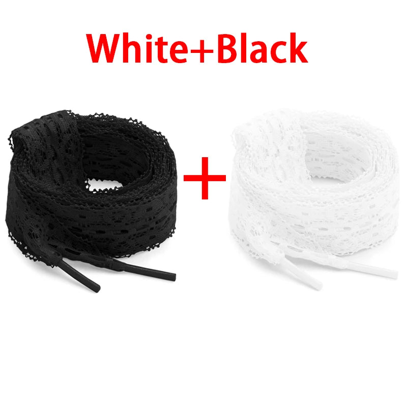 White and black flat elastic silk shoelaces shown next to each other.