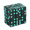 A stack of black acrylic D6 dice with vibrant teal dots, used for board games and RPGs.