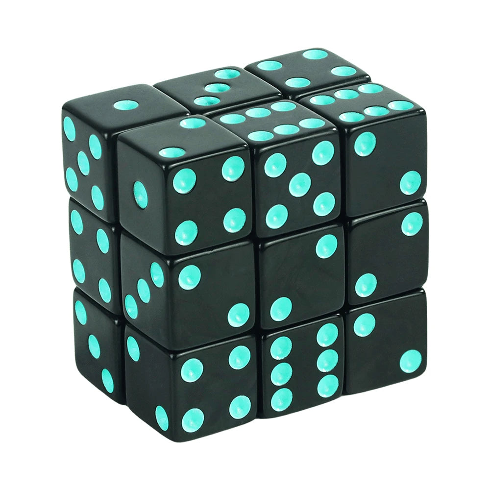 A stack of black acrylic D6 dice with vibrant teal dots, used for board games and RPGs.