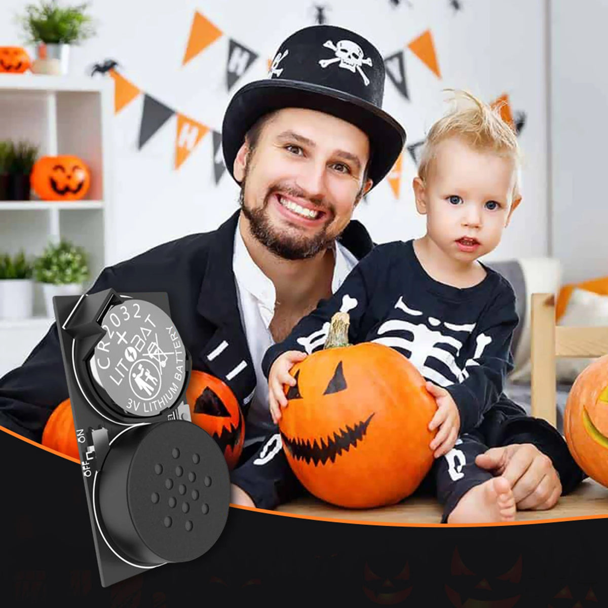 A man and a toddler posing with a mini prank noise maker device.