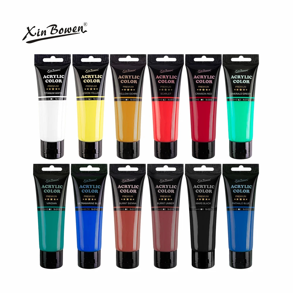 A set of ten tubes of acrylic paint in various colors including yellow, red, green, and blue for art projects