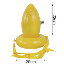 A yellow inflatable Easter egg and spoon race game set with a measuring tape.