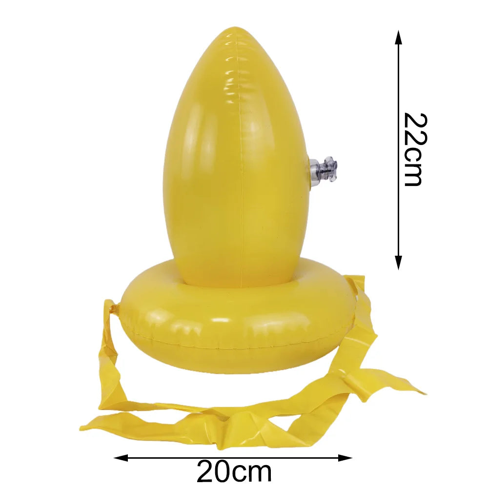A yellow inflatable Easter egg and spoon race game set with a measuring tape.