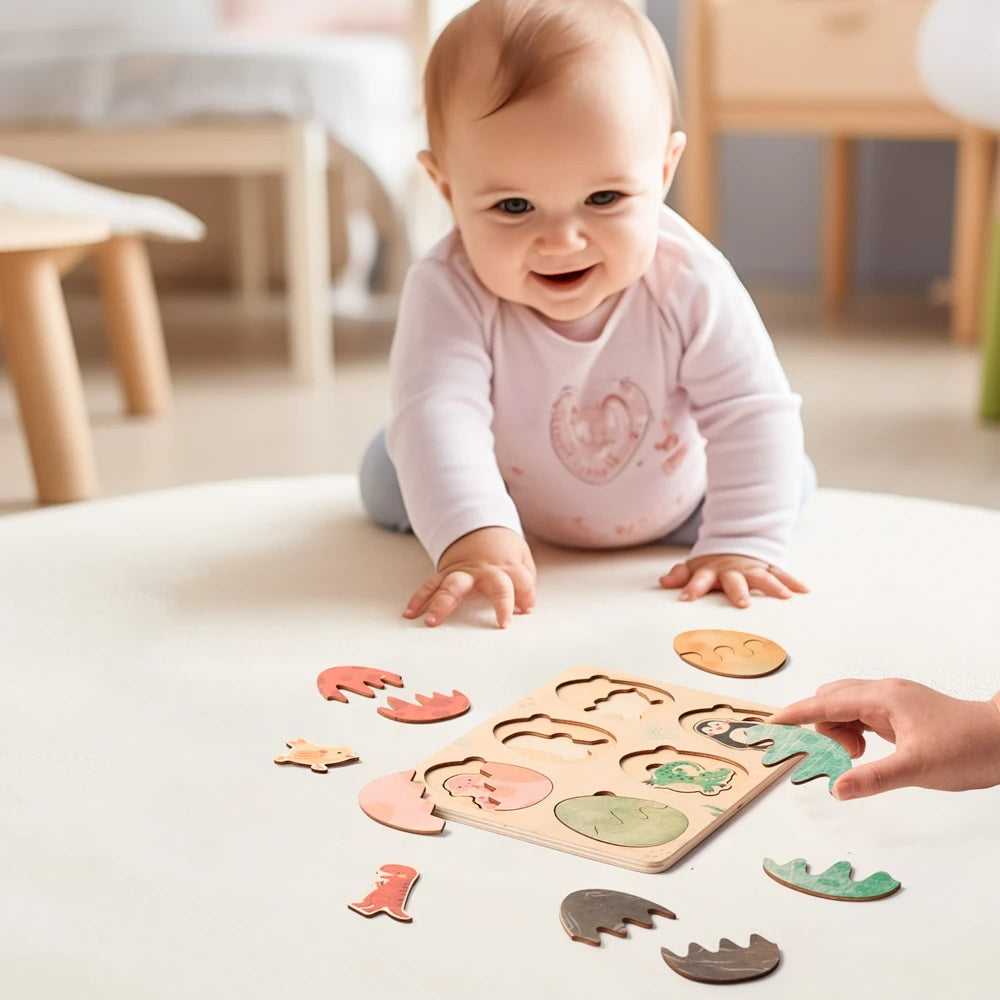 A baby is interacting with a wooden Montessori shape sorting puzzle, placing various wooden shapes on a white surface.