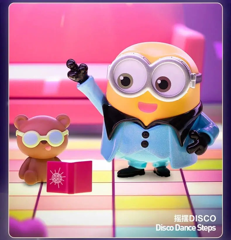 A yellow Minion figure wearing glasses and a suit is shown next to a small pink box.