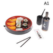 A set of miniature Japanese sushi, including nigiri and maki rolls, presented on a plate with chopsticks and a bottle.