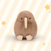 A soft brown kiwi bird plush toy with a long beak and round body is shown against a light background.