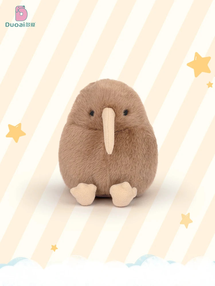 A soft brown kiwi bird plush toy with a long beak and round body is shown against a light background.