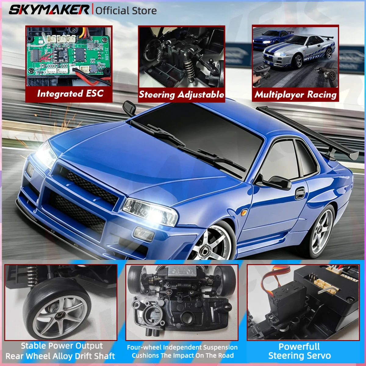 1/18 Scale GTR R34 RC Drift Car with Gyro Stabilization featuring integrated ESC and adjustable steering.