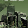 A large space military truck toy with doors open, featuring a green camouflage pattern.