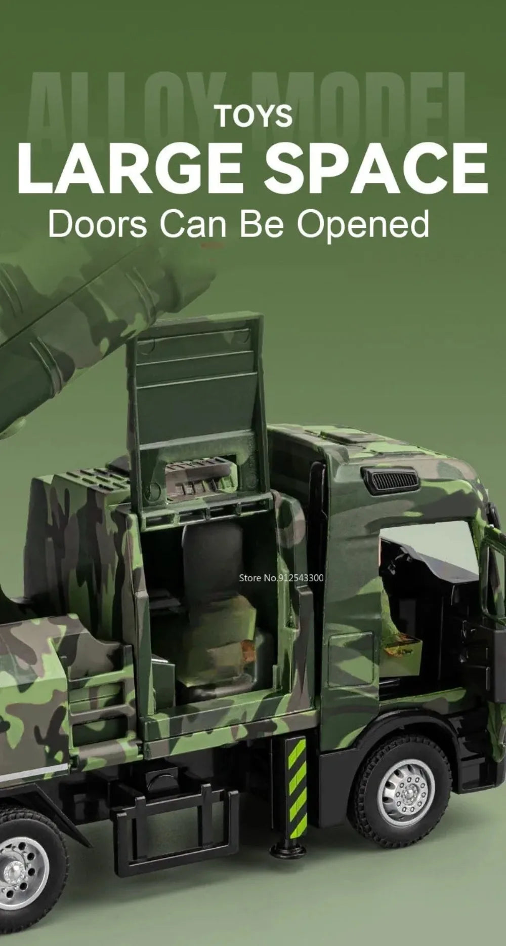 A large space military truck toy with doors open, featuring a green camouflage pattern.