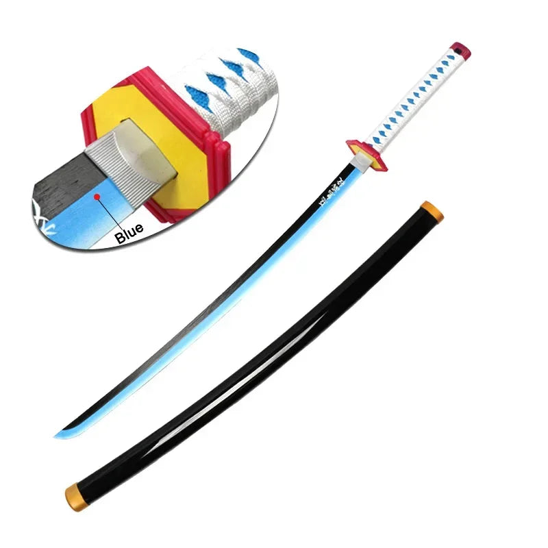 A replica Demon Slayer Tanjiro Katana sword with a black handle and a blue sheath is shown.