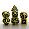 A set of premium metal polyhedral dice with a multicolor gold finish, including a dodecahedron and an icosahedron.
